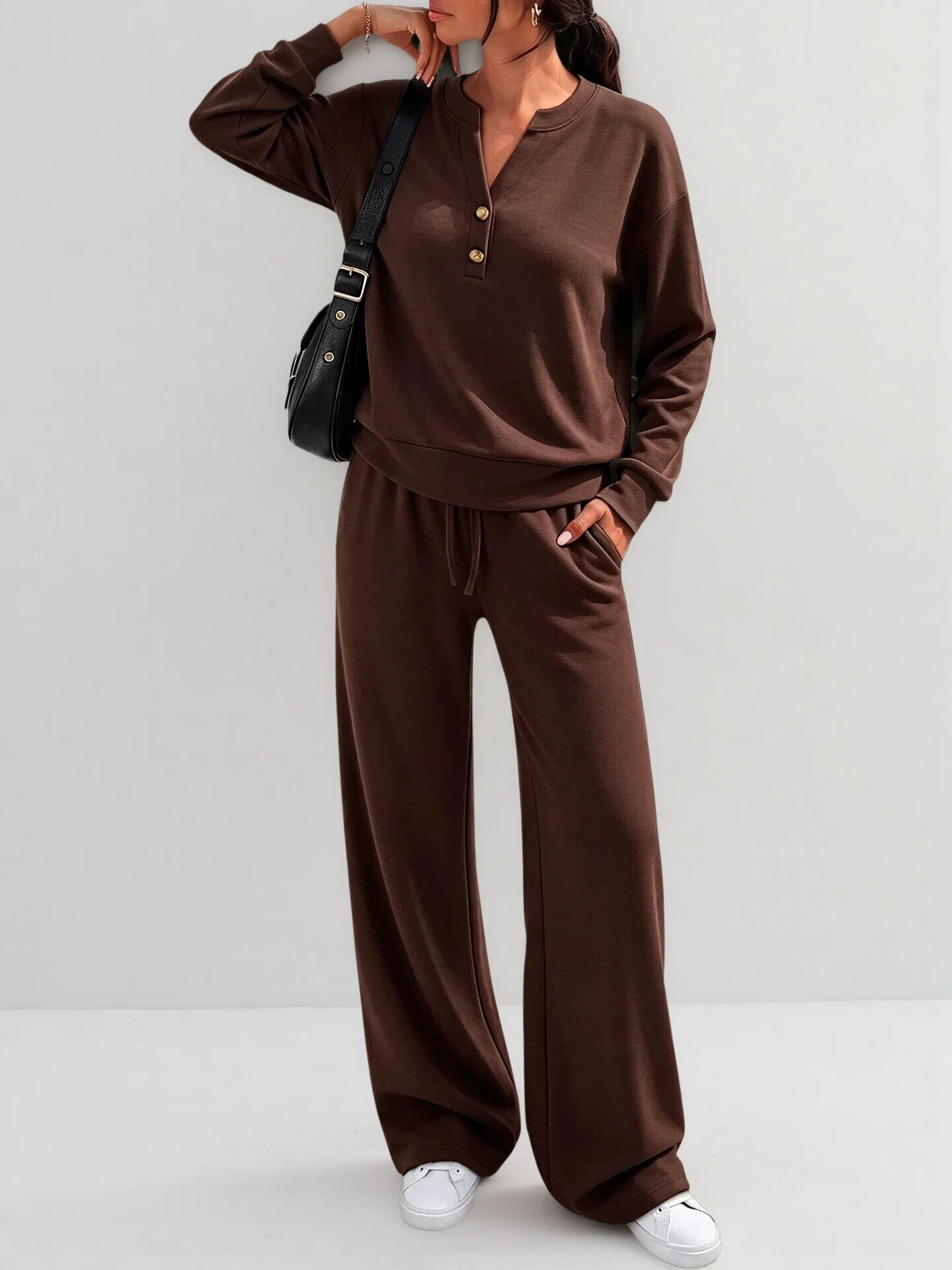Women's Loose Long Sleeve Top & Wide Leg Pants Two-Piece Set