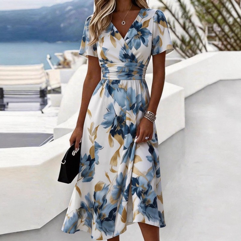 Women's Floral Print V-Neck Short Sleeve Slim Fit Dress
