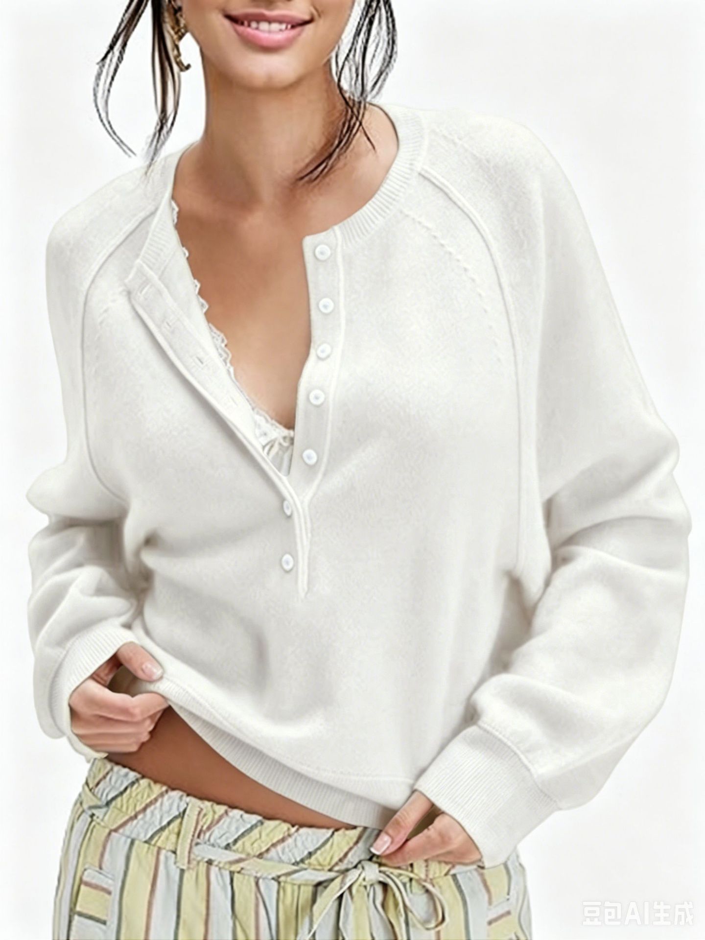 Women's Button-Front Half-Open Neck Sweater Loose Knit Top