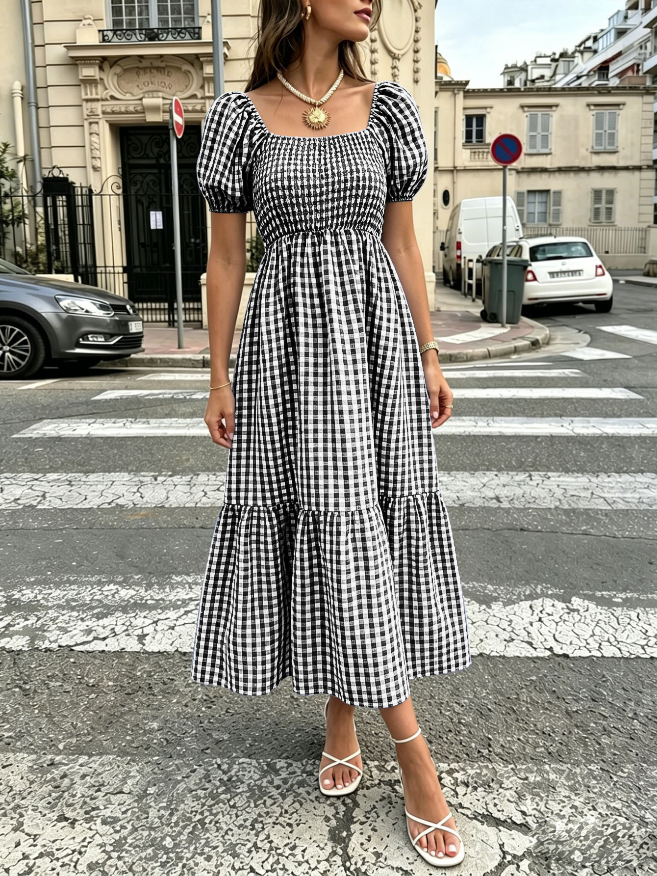 French Cottage Vichy Gingham Puff Sleeve Square Neck High Waist Tiered Midi Dress