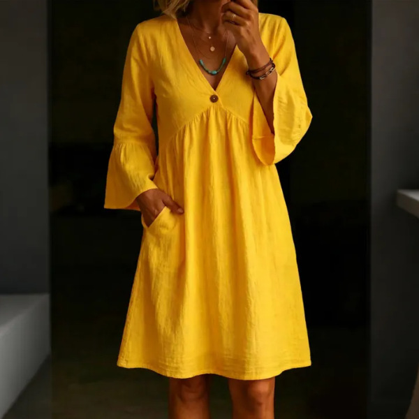 Women's Solid V-Neck Bell Sleeve Loose Vintage Dress