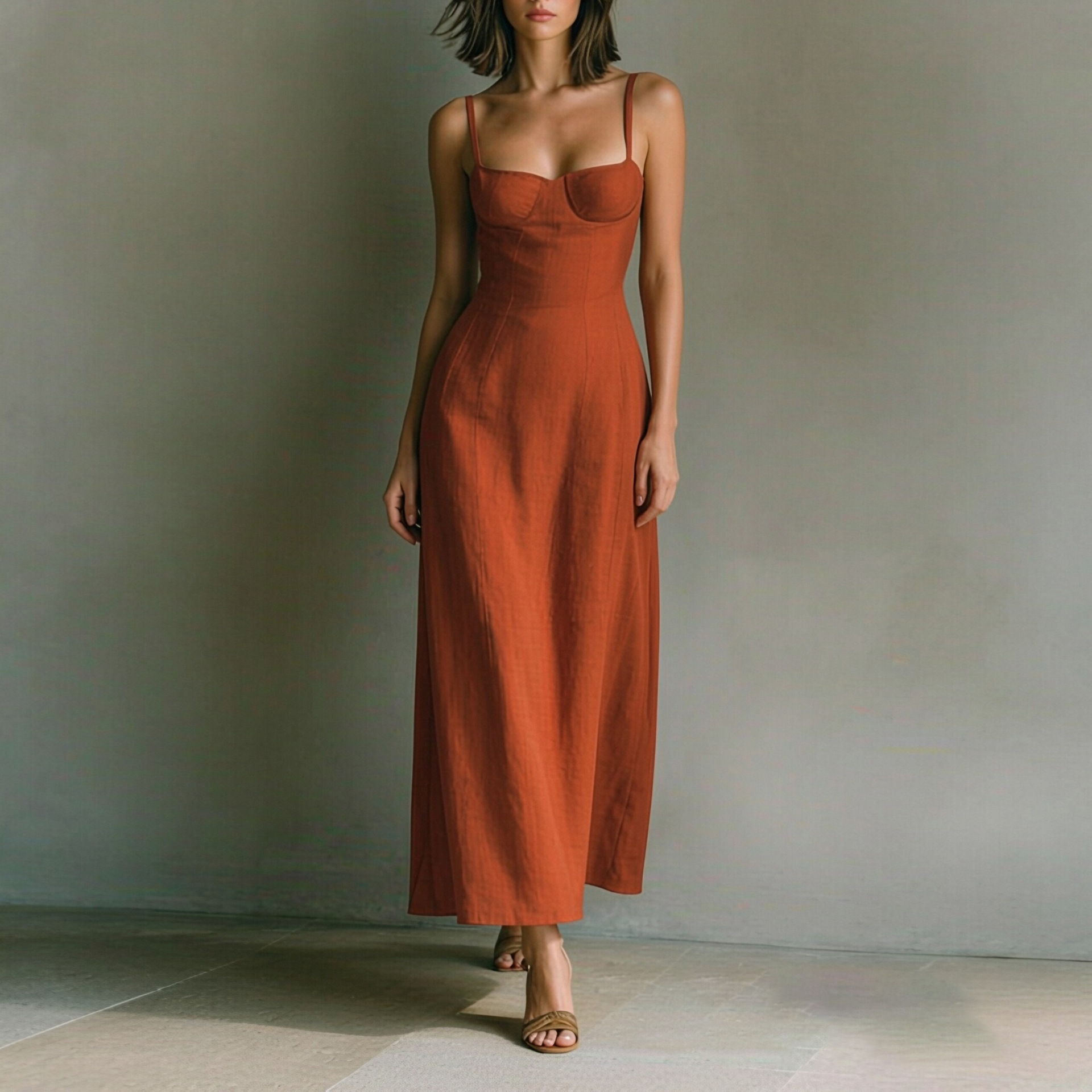 Women's French Waist-Cinched Sleeveless Midi Dress Solid Color
