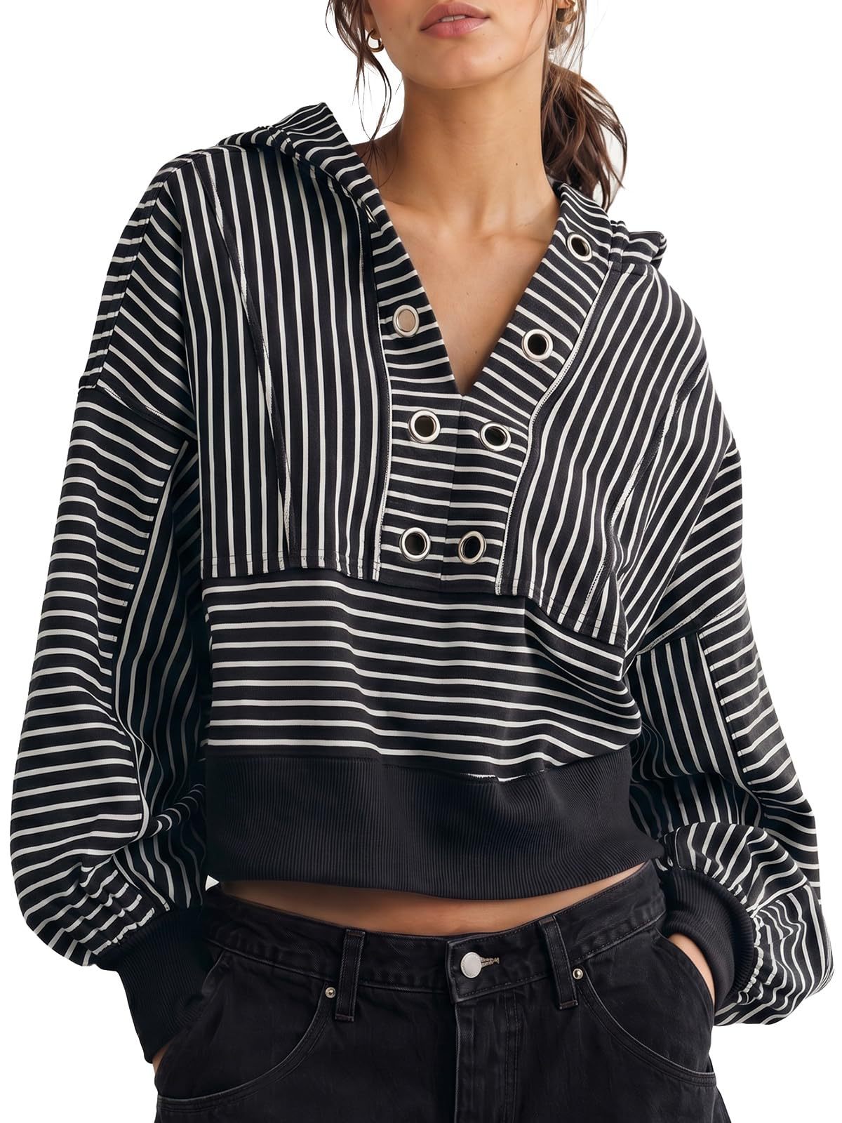 Women's Striped Short V-Neck Hooded Loose Sweatshirt