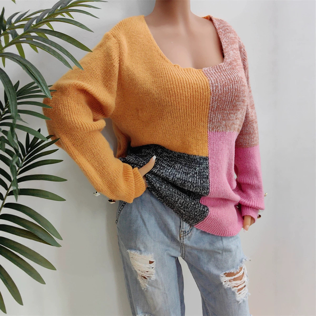 Color Block Patchwork Loose Knit Sweater with U-Neck and Button Sleeves