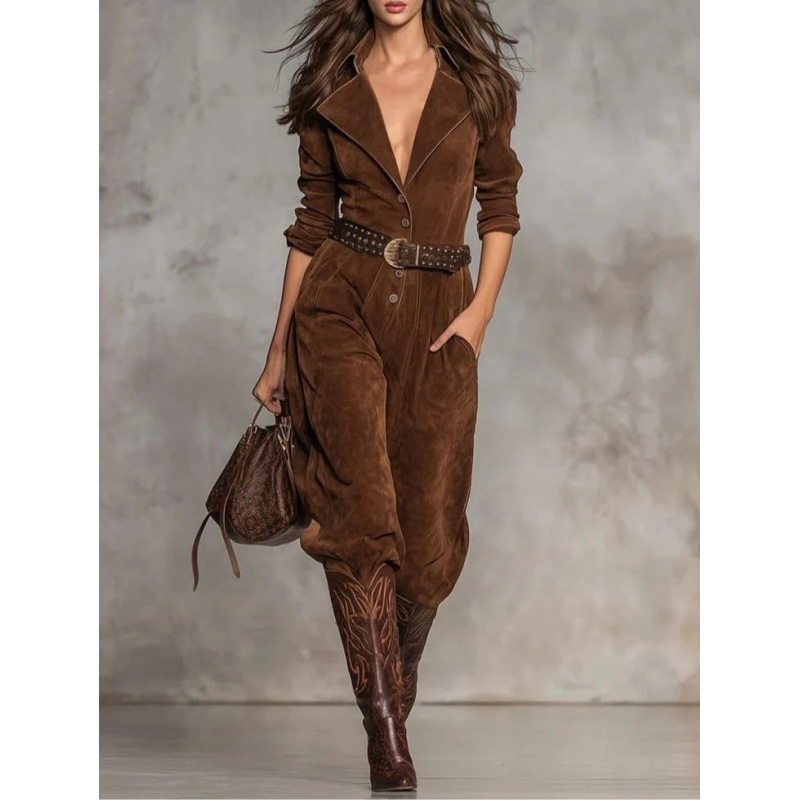 Women's Long Sleeve Collared Button-Front Long Jumpsuit