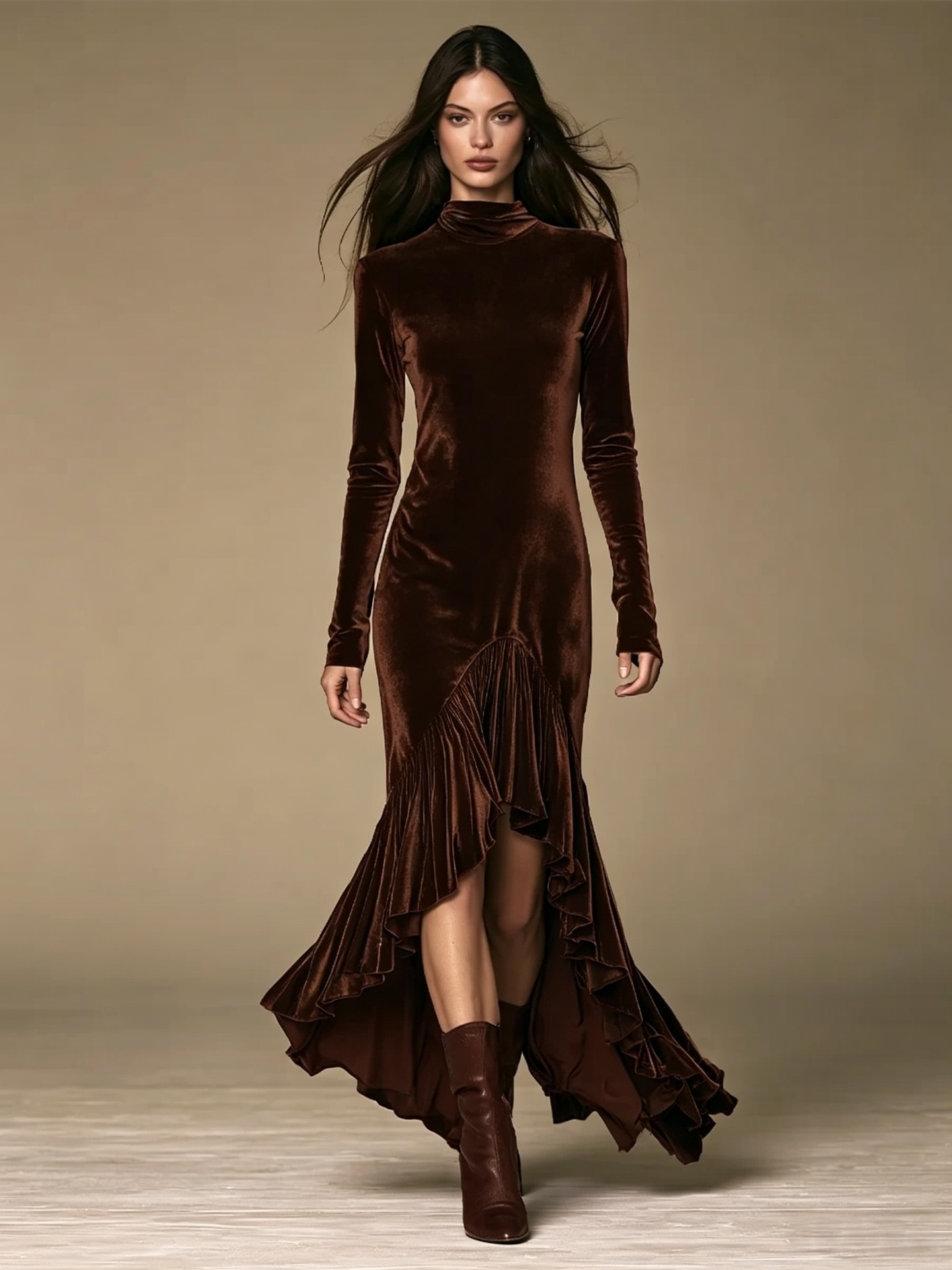 Velvet High Neck Ruched Mermaid Evening Dress with Ruffle Hem