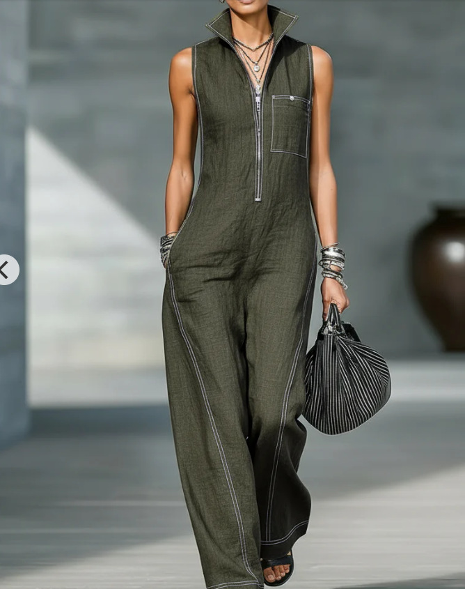 Women's Sleeveless Stand Collar Wide-Leg Jumpsuit