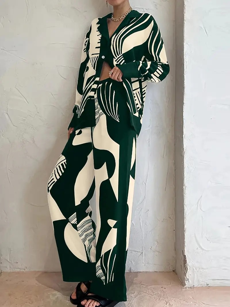 Women's Casual Elegant Printed Vintage Pattern Long Sleeve Shirt and Pants Two-Piece Set