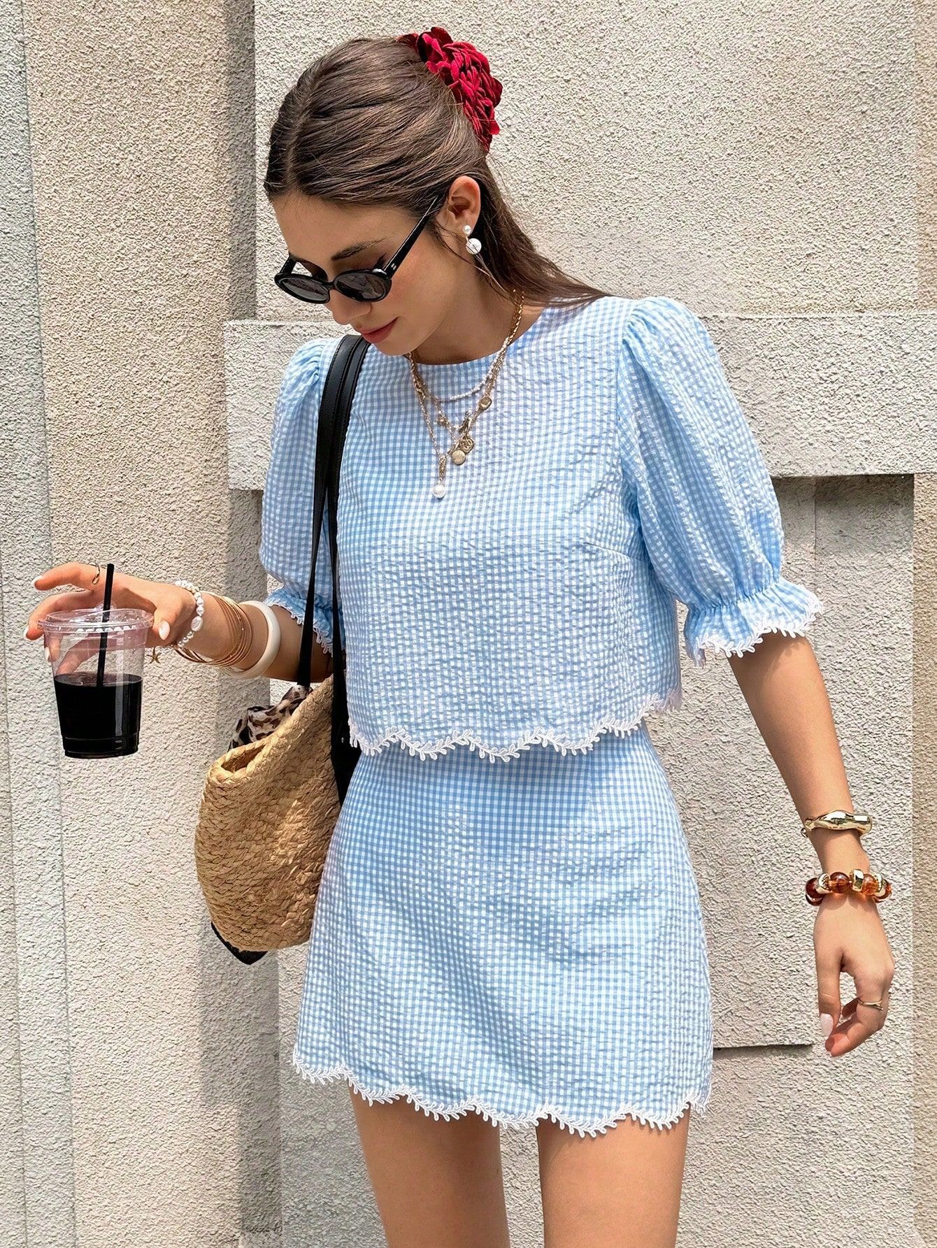 Sweet Plaid Two-Piece Set with Lace Asymmetrical Hem Skirt
