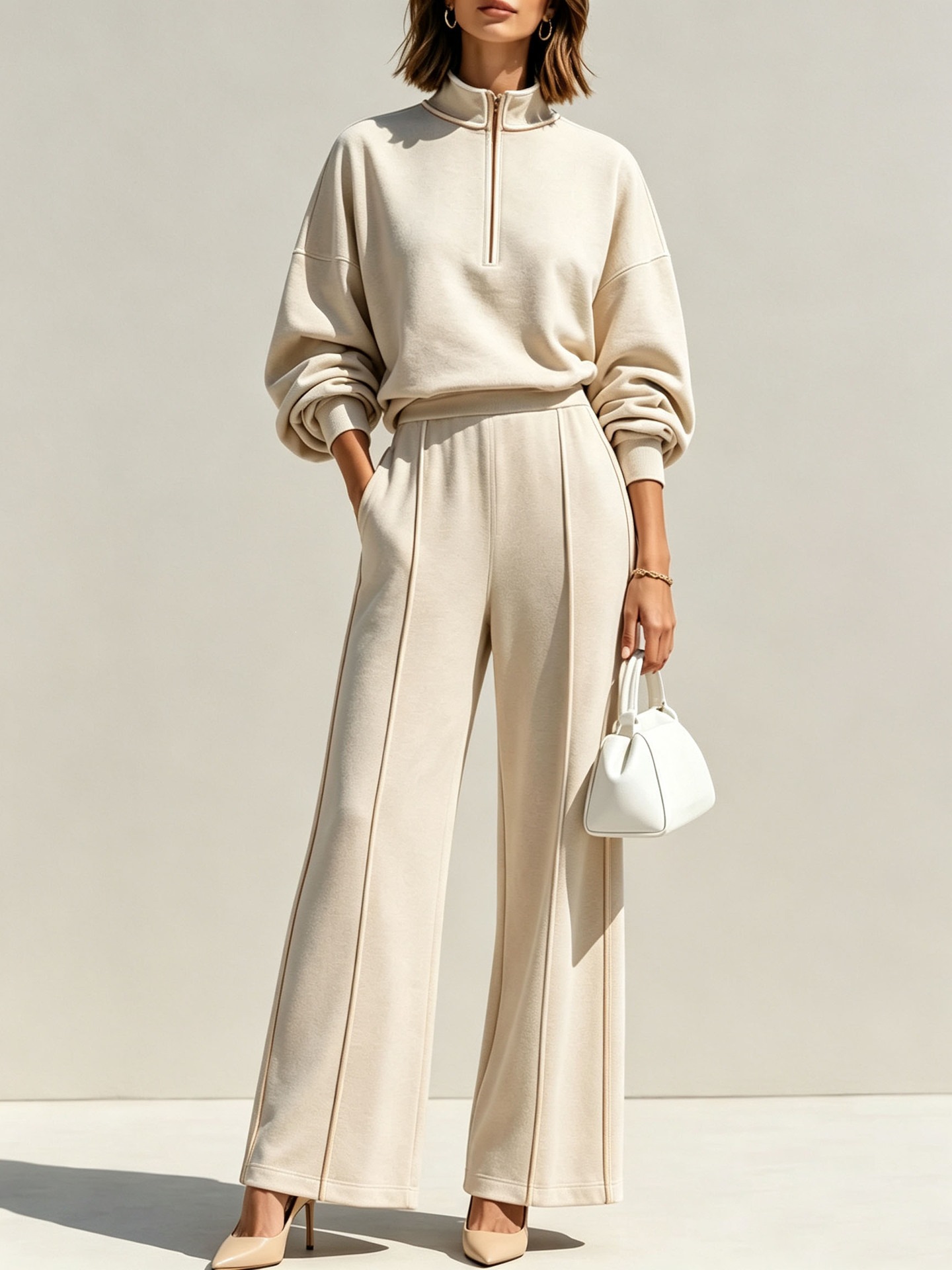 Women's Two-Piece Half-Zip Stand Collar Sweatshirt and High-Waist Wide-Leg Pants Set