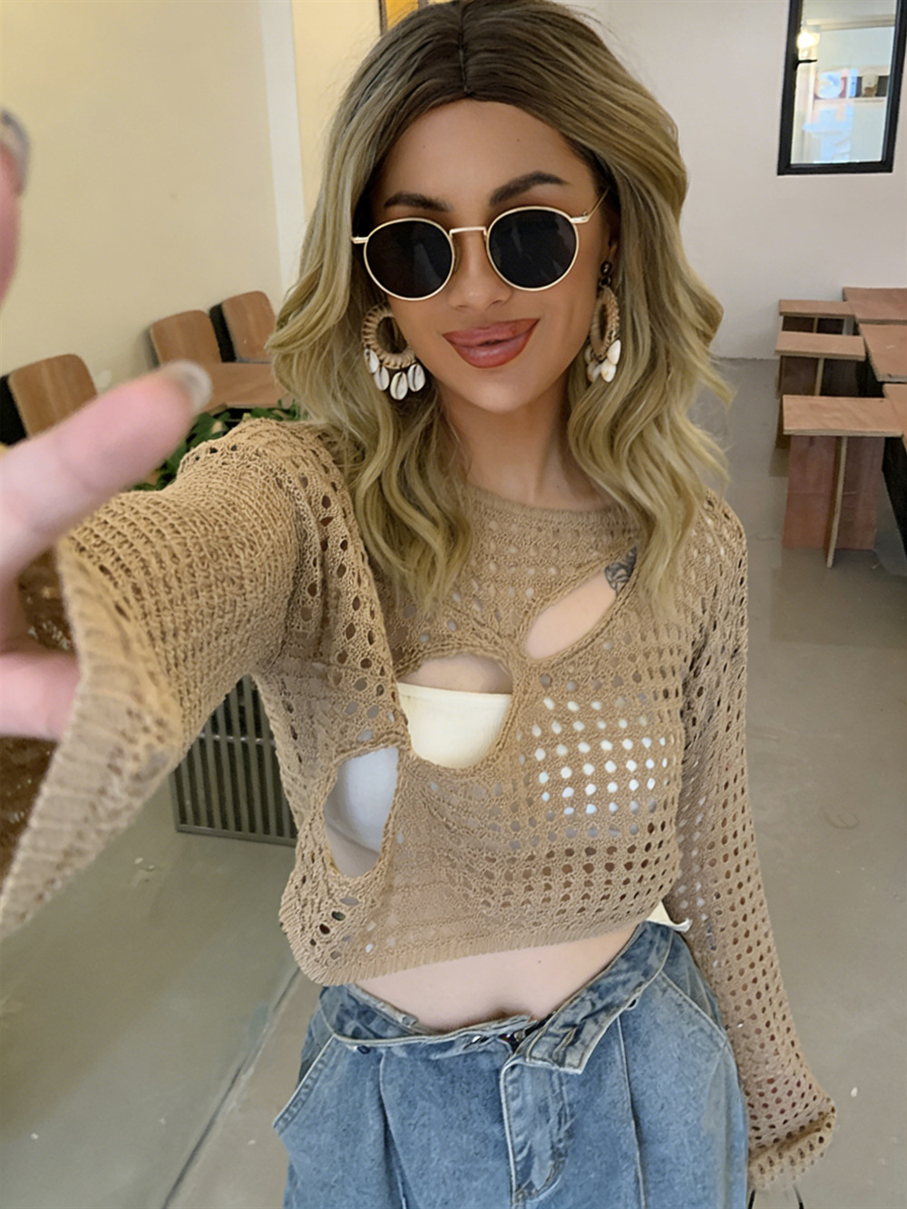 Women's Knit Long Sleeve Openwork Loose Cropped Top