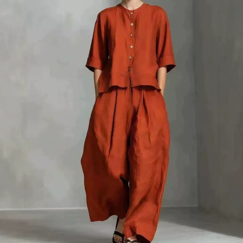 Women's Casual Solid Cotton-Linen Shirt and Loose Pants Two-Piece Set