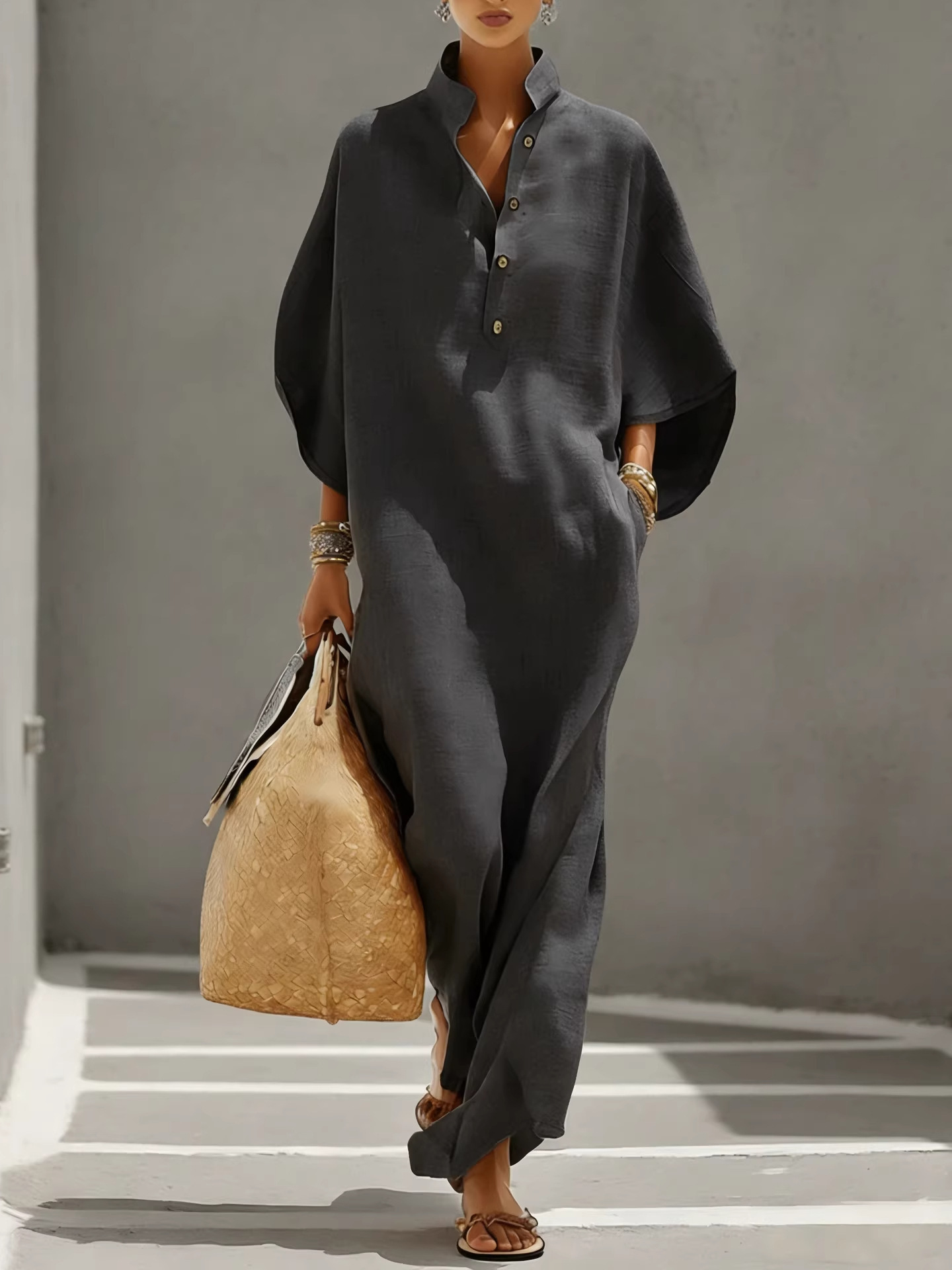 Women's Loose Stand Collar Button-Front Long Shirt Dress