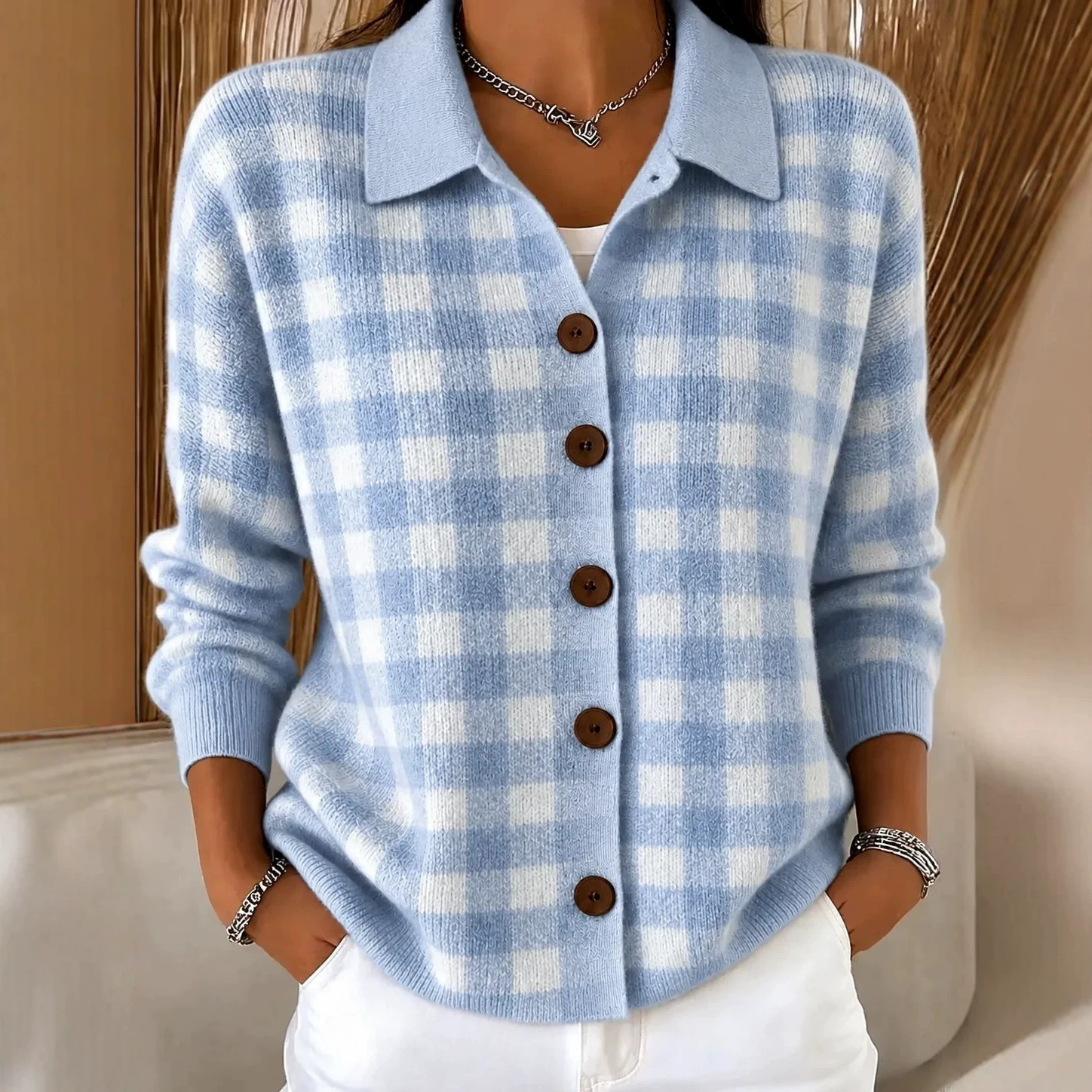 Women's Loose Plaid Long Sleeve Collared Cardigan Sweater