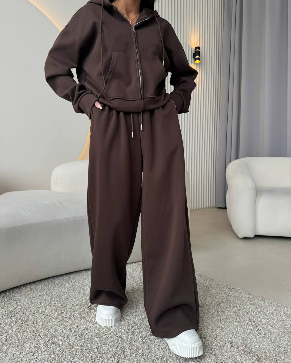 Cotton Blend Long Sleeve Zip Hoodie and Drawstring Pants Two-Piece Set