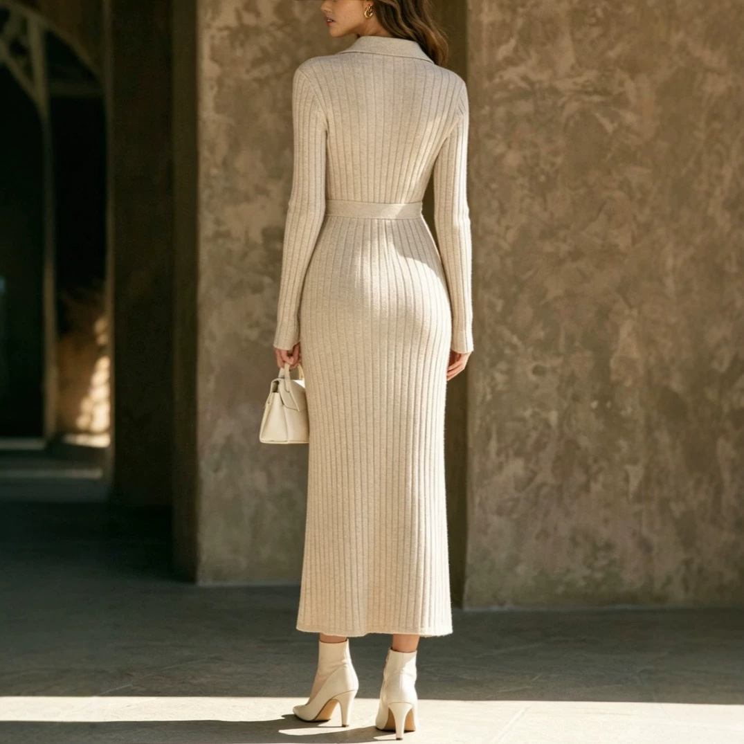 Women's Ribbed Knit Long Sleeve Bodycon Dress with Waist Cinching