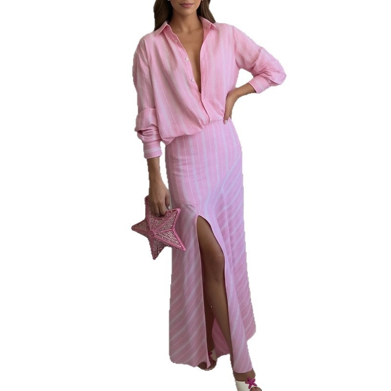 Striped Collared Slit Long Skirt Set