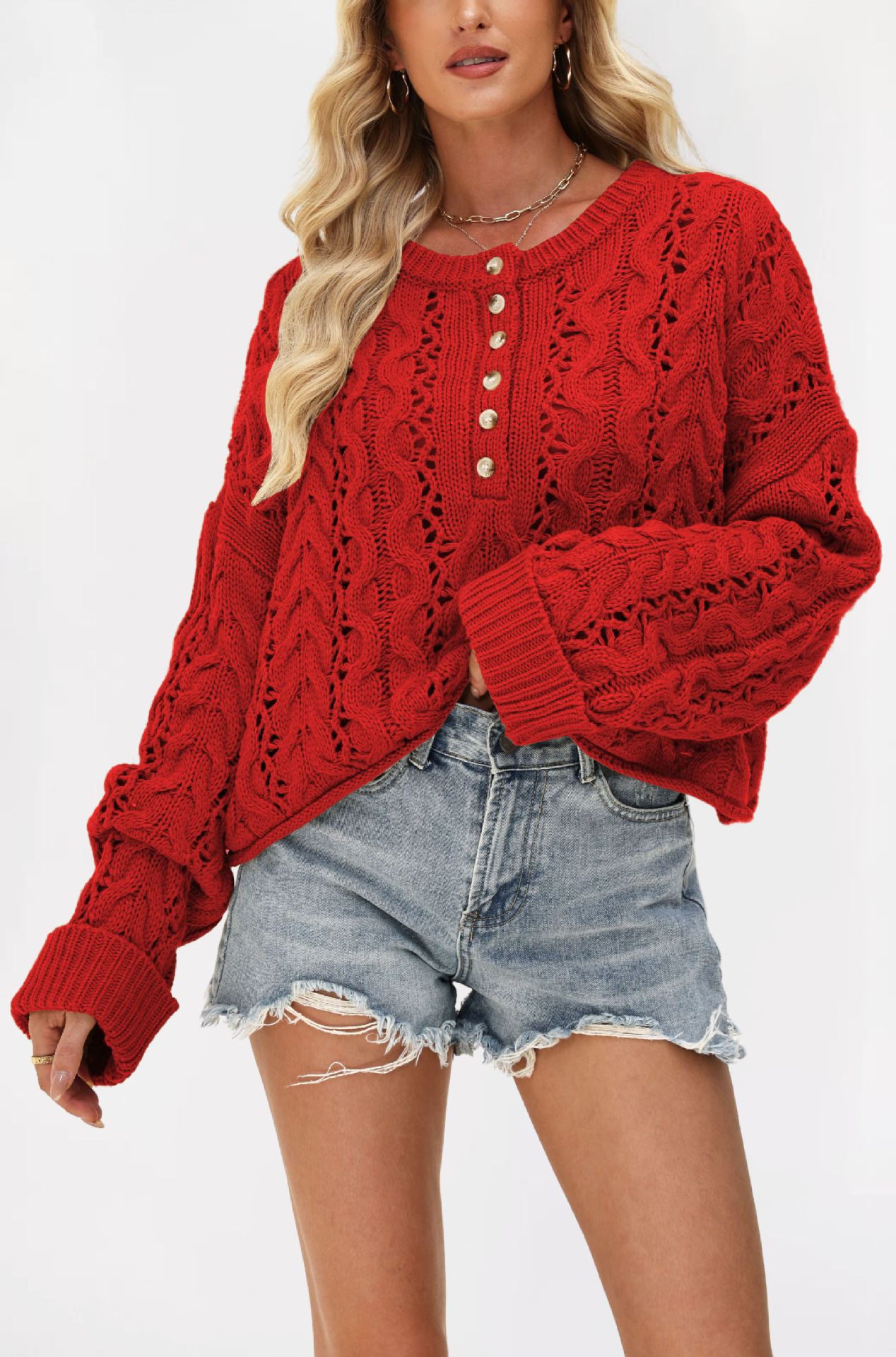 Button-Front Cable-Knit Cropped Sweater