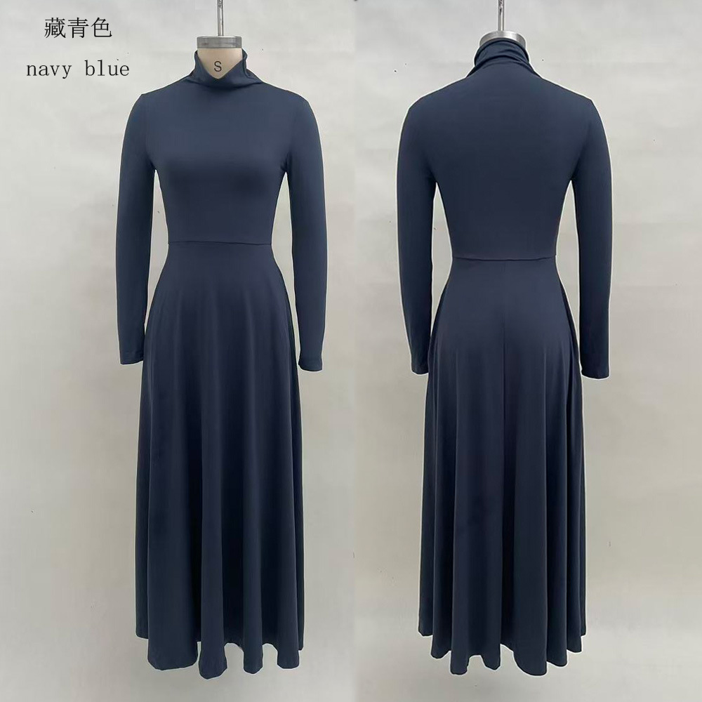 Women's Long Sleeve Solid High Neck A-Line Maxi Dress