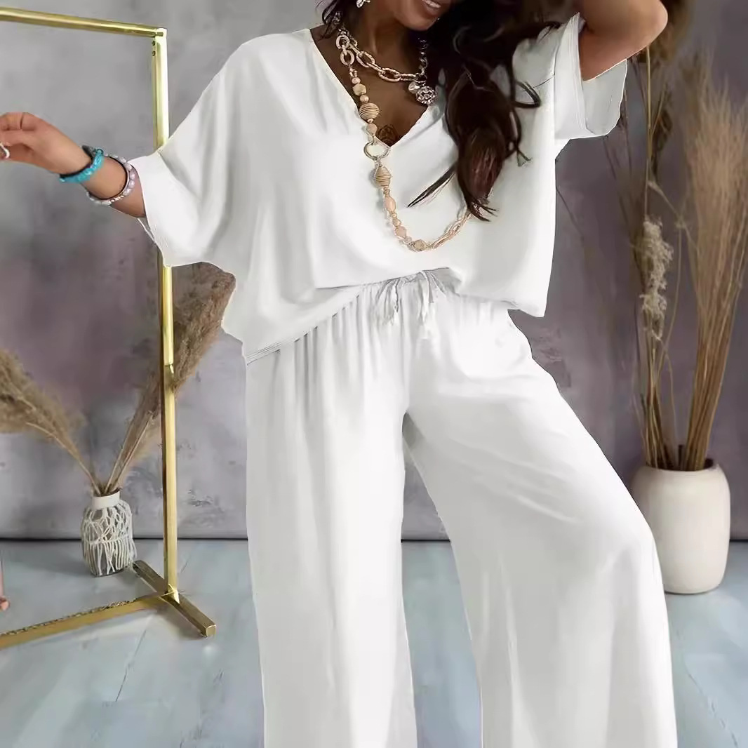 V-Neck Batwing Sleeve Solid Color Loose Wide-Leg Pants Set Women