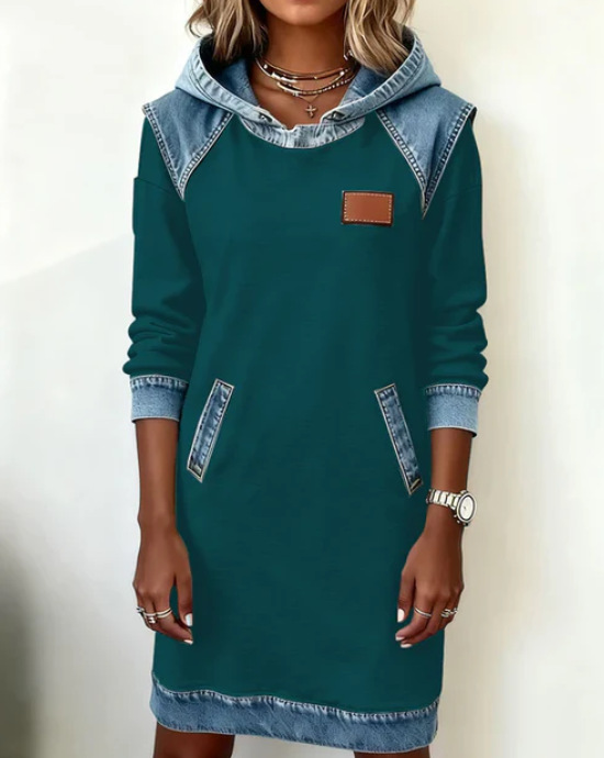 Hooded Faux Denim Patchwork Long Sleeve Sweatshirt Dress