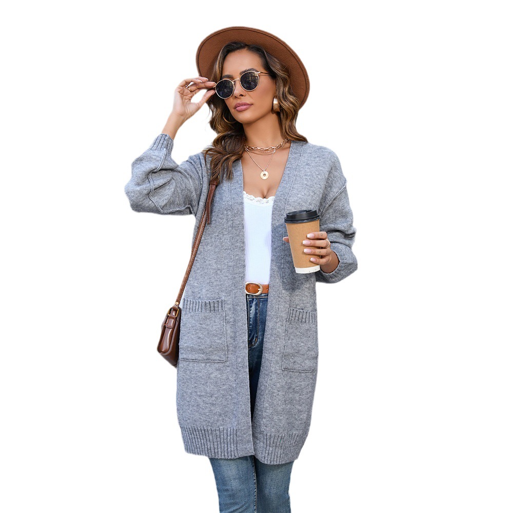 Women's Knit Colorblock V-Neck Midi Sweater Cardigan with Pockets
