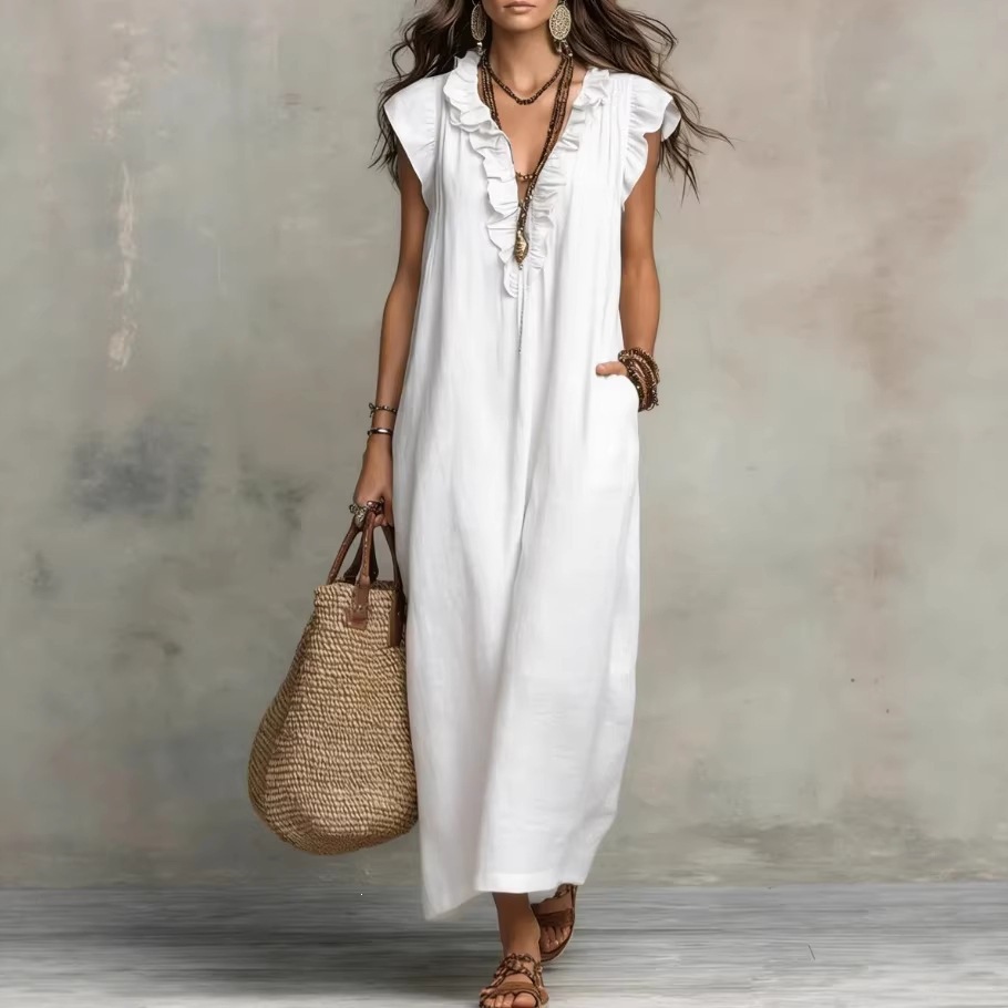 Bohemian Flutter Sleeve Maxi Dress Cotton Linen A-Line High Waist