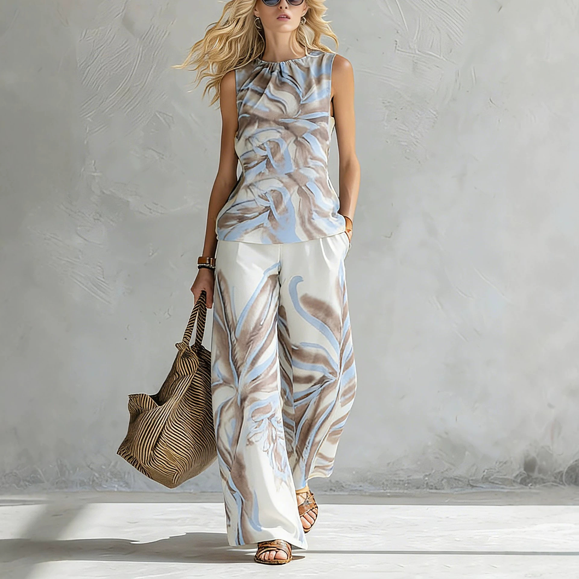Vacation Plant Print Sleeveless Tank Top and Wide-Leg Pants Set