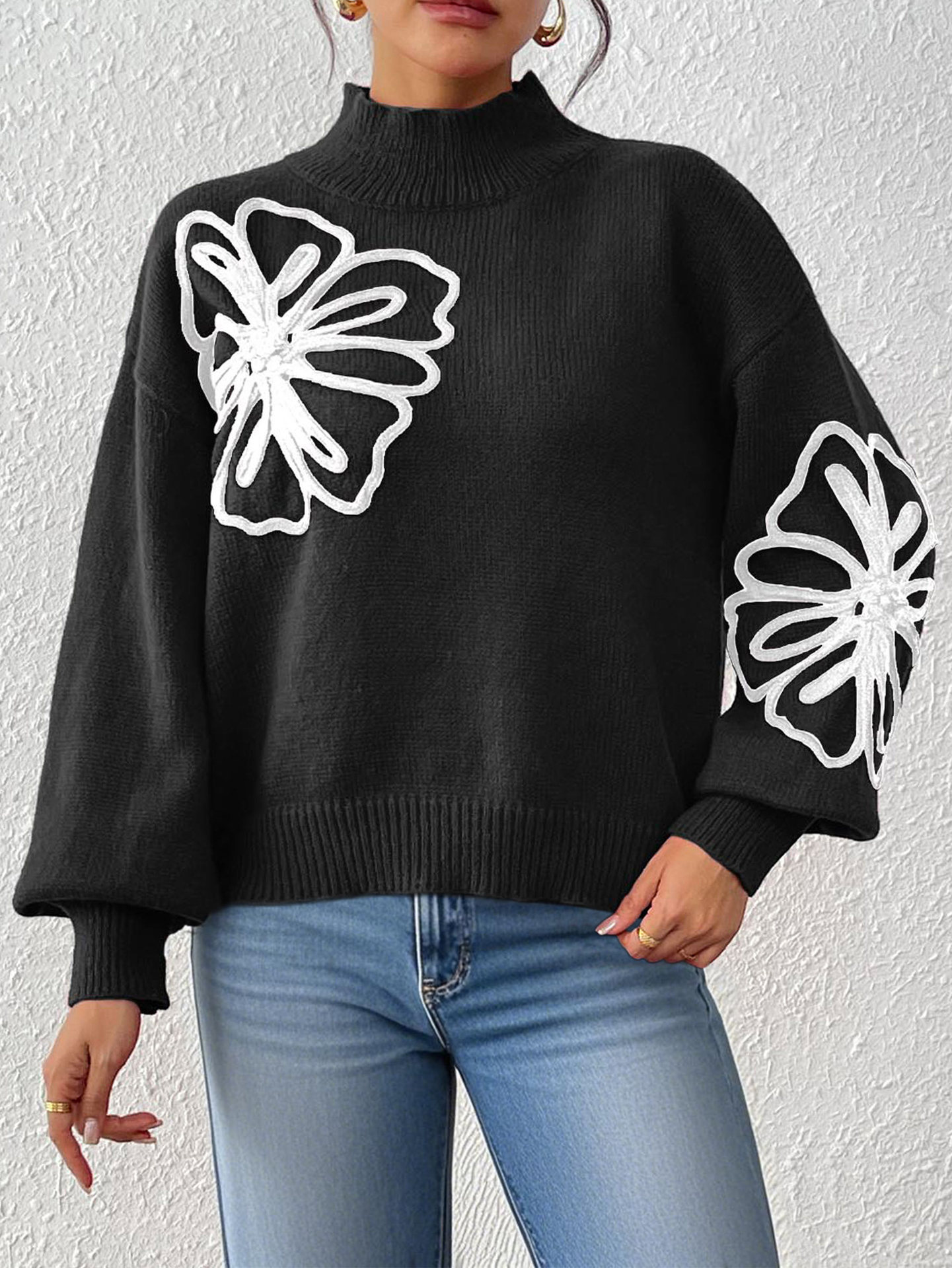 Women's 3D Ribbon Embroidered Floral Mock Neck Lantern Sleeve Pullover Sweater