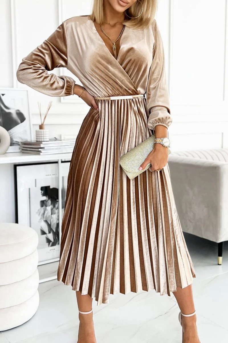 Solid V-Neck Velvet Pleated A-Line Midi Dress