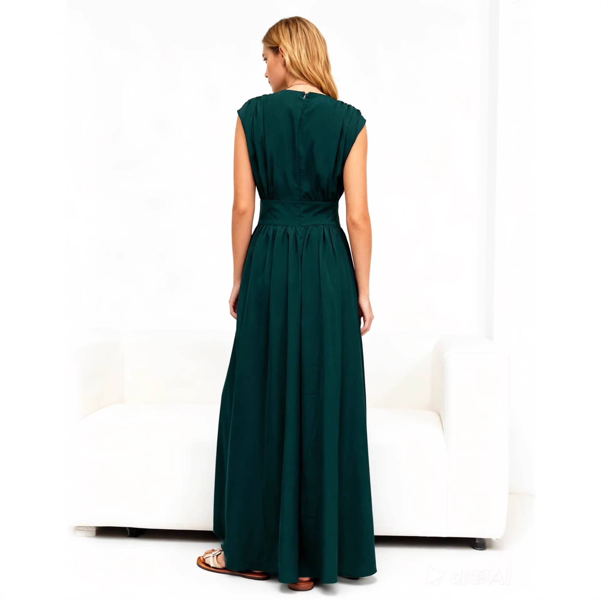 Pleated Long Dress with Cinched Waist and Round Neck