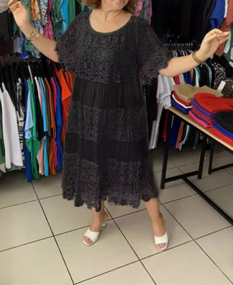 Elegant Solid Crewneck Short Sleeve Lace Trim Dress
