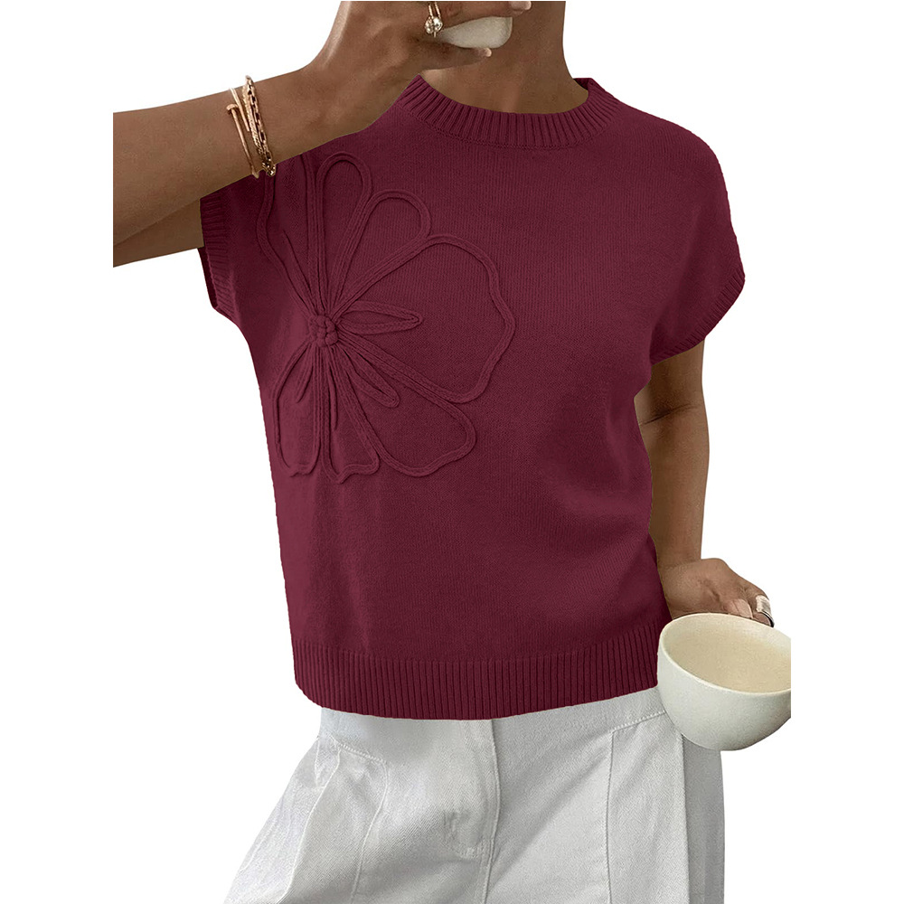 Women's Floral Jacquard Knit Short Sleeve Sweater