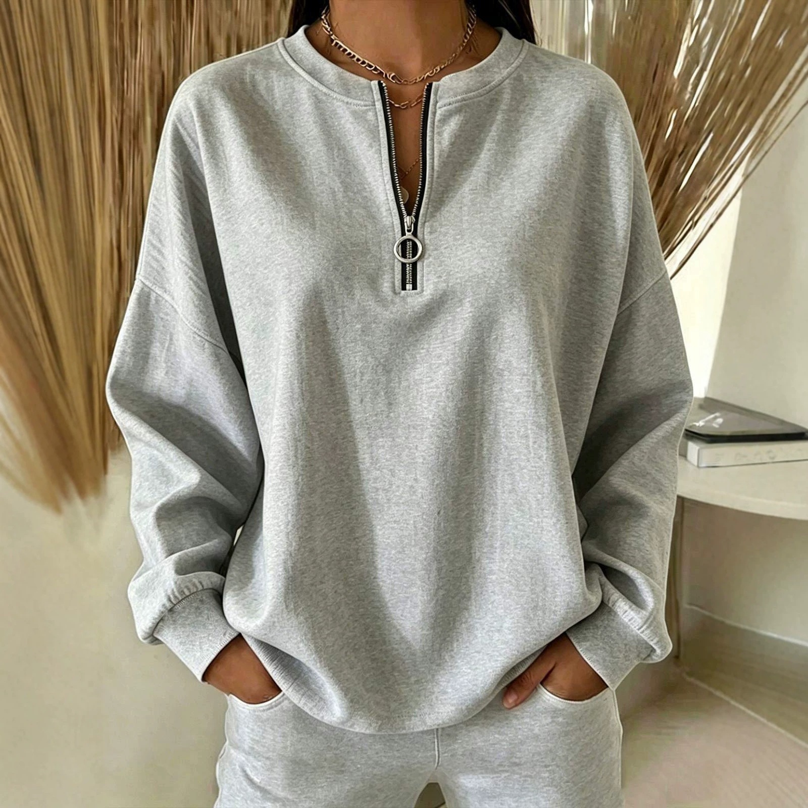 Women's Crewneck Half-Zip Pullover Long-Sleeve Sweatshirt