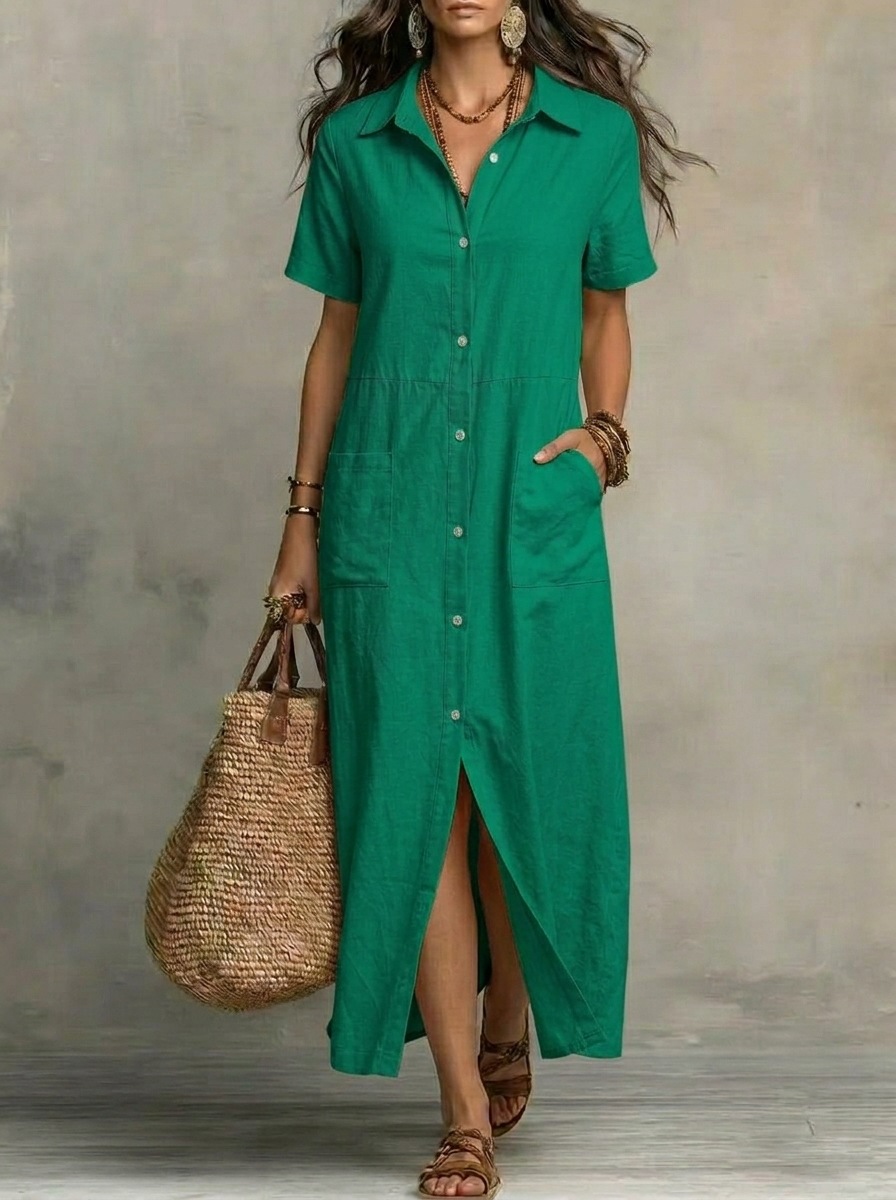 Women's Button-Front Short-Sleeve Casual Dress with Pockets