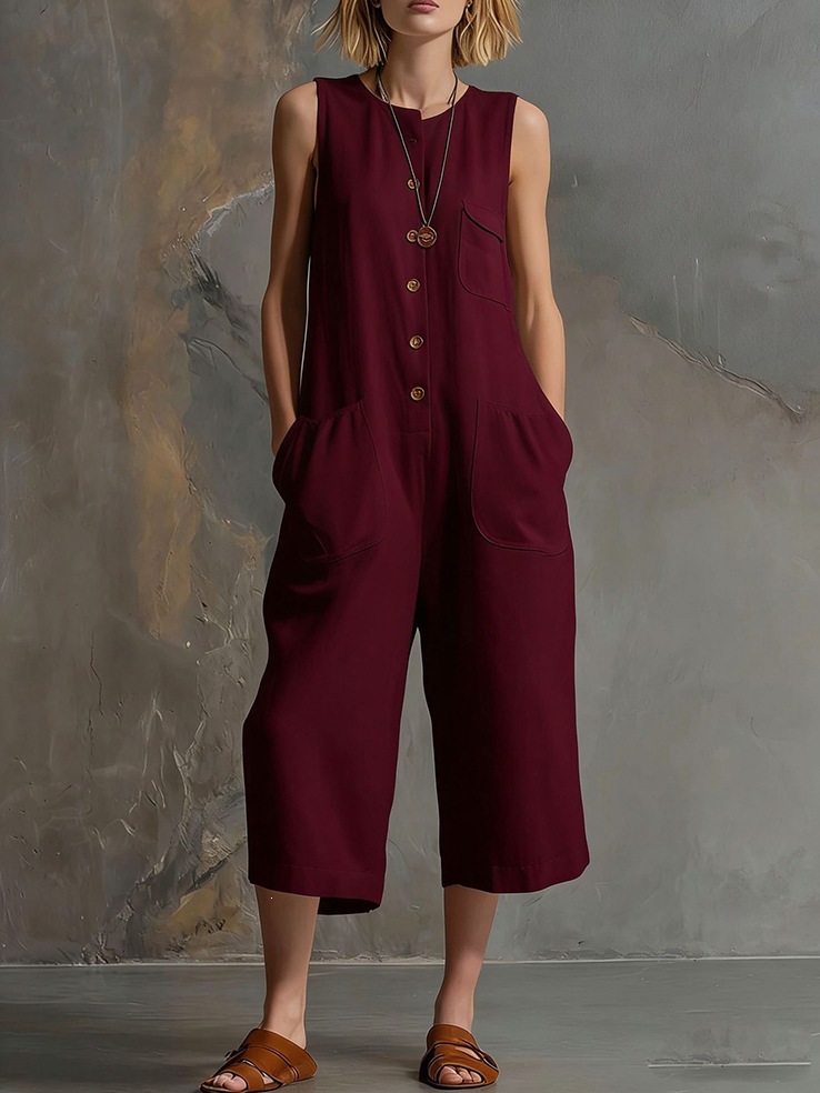 Women's Sleeveless Solid Color Cropped Jumpsuit Casual Relaxed Fit