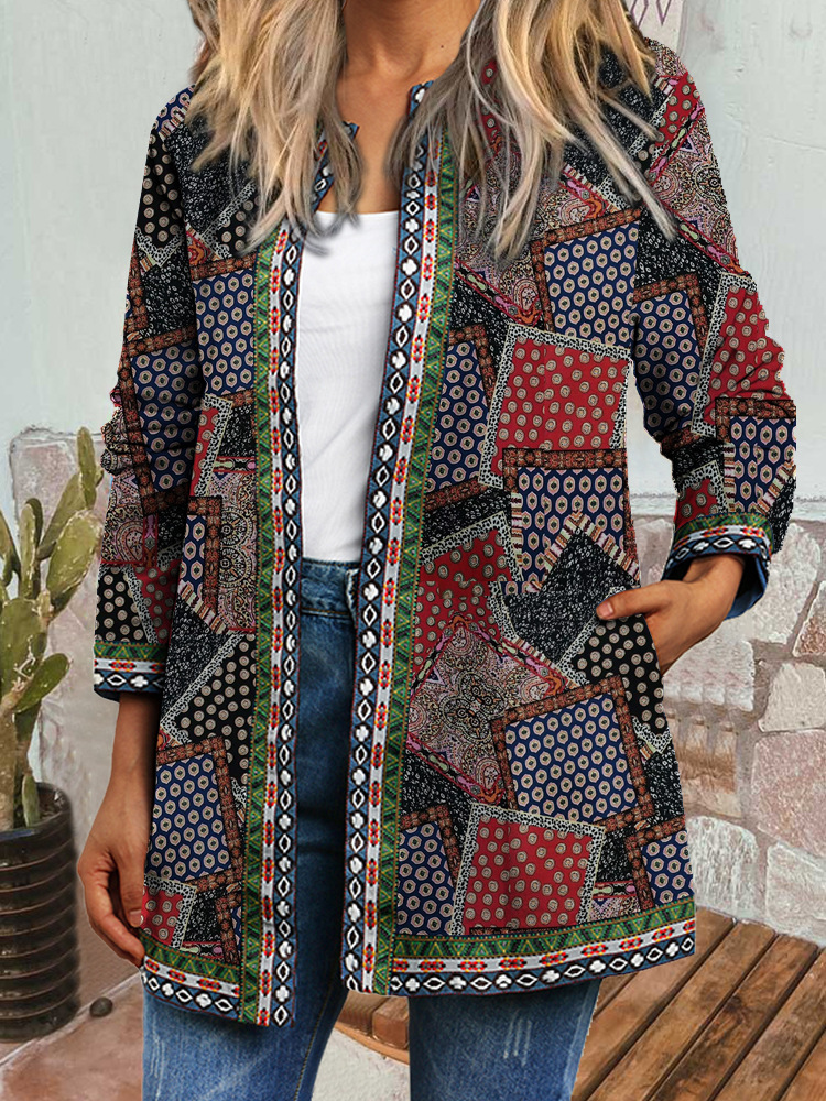 Women's Vintage Ethnic Print Long Sleeve Open Front Jacket Cardigan
