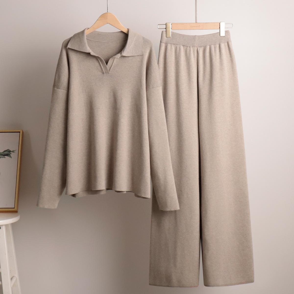 Polo Neck Knit Sweater and Wide-Leg Pants Two-Piece Set