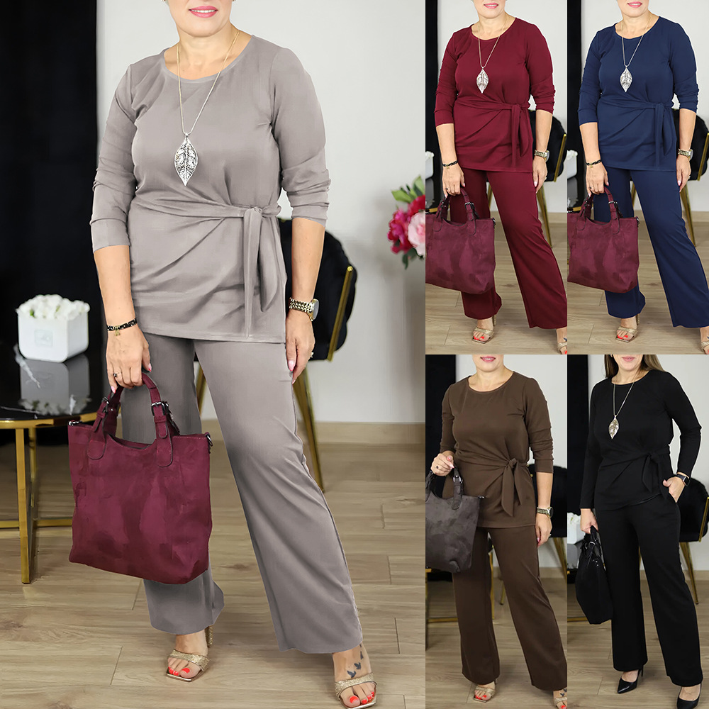 Women's Loose Plus Size Round Neck Tie Top and Pants Casual Two-Piece Set