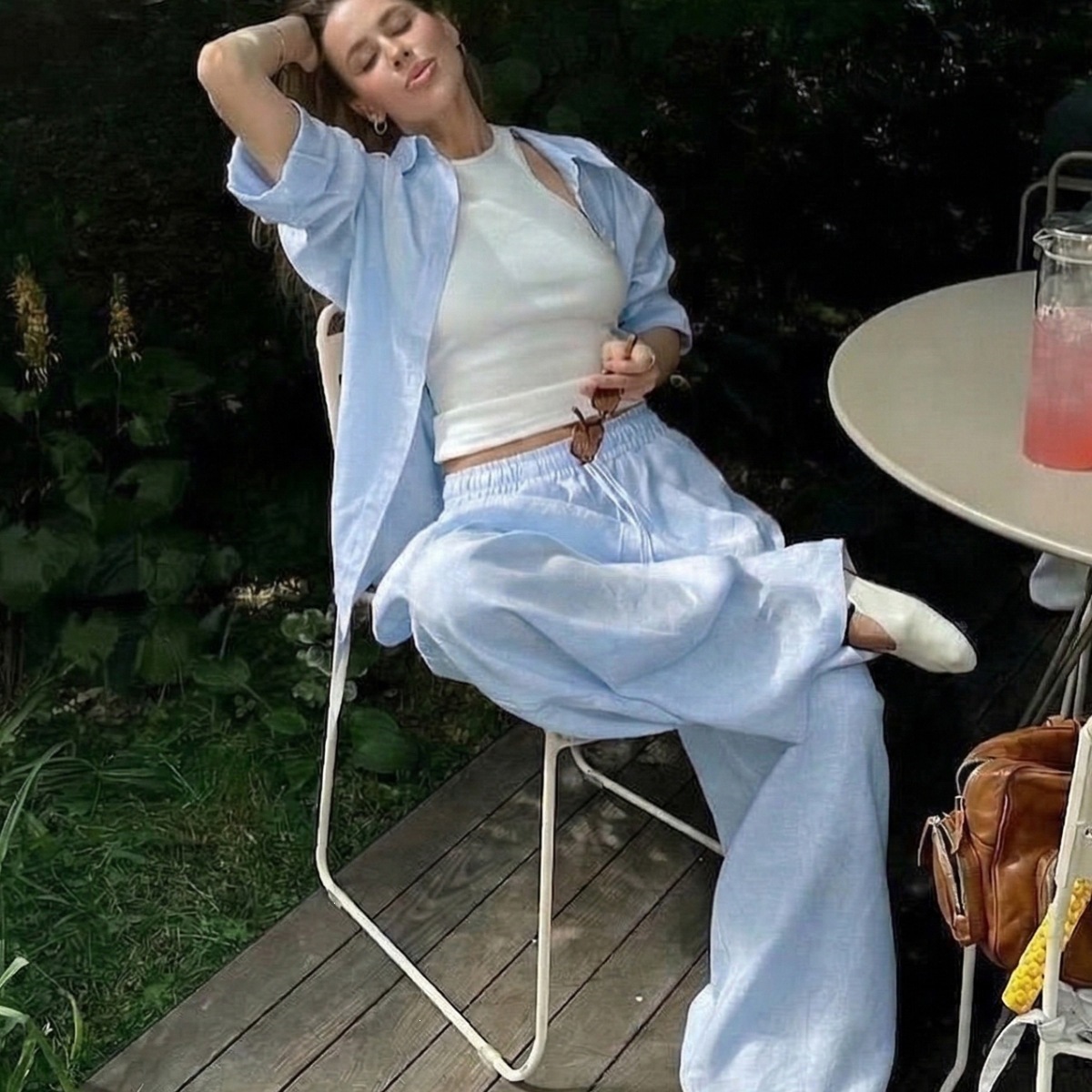 Women's Solid Linen Shirt and Pants Set Long Sleeve Loose Fit Two-Piece