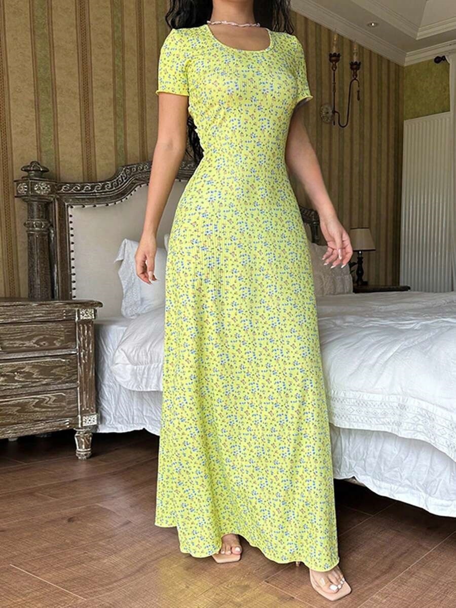 Women's Floral Print U-Neck Back Tie A-Line Midi Dress