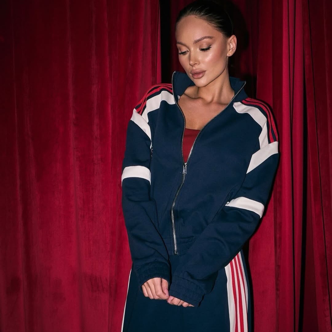 Retro Colorblock Stand Collar Tracksuit for Women Full-Zip Cropped Jacket High-Waist Wide-Leg Sweatpants