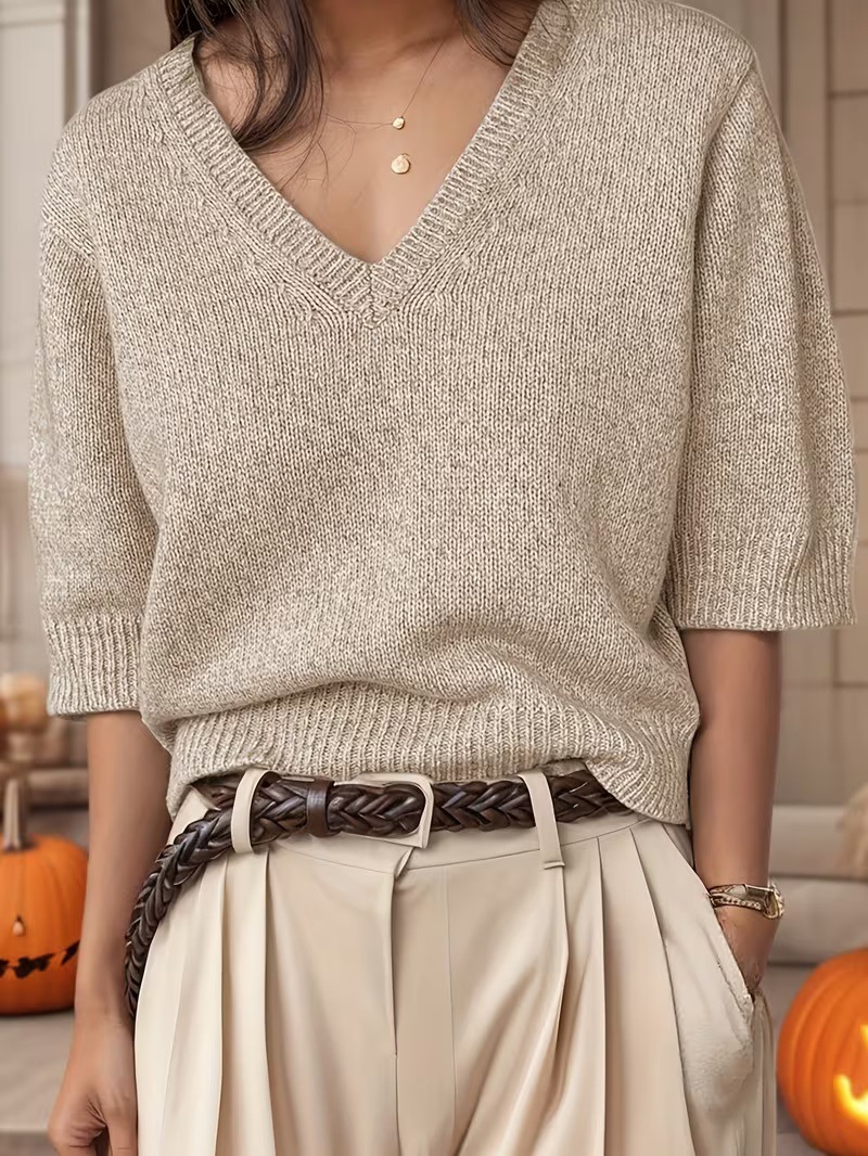 Women's Elegant V-Neck Knit Short-Sleeve Top