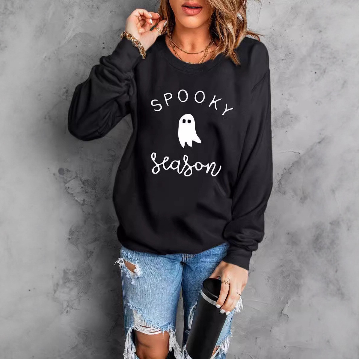 Halloween Letter Print Towel Embroidered Crewneck Long Sleeve Ribbed Sweatshirt