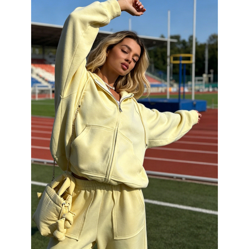 Solid Color Zip-Up Hoodie and Wide-Leg Drawstring Pants Two-Piece Set