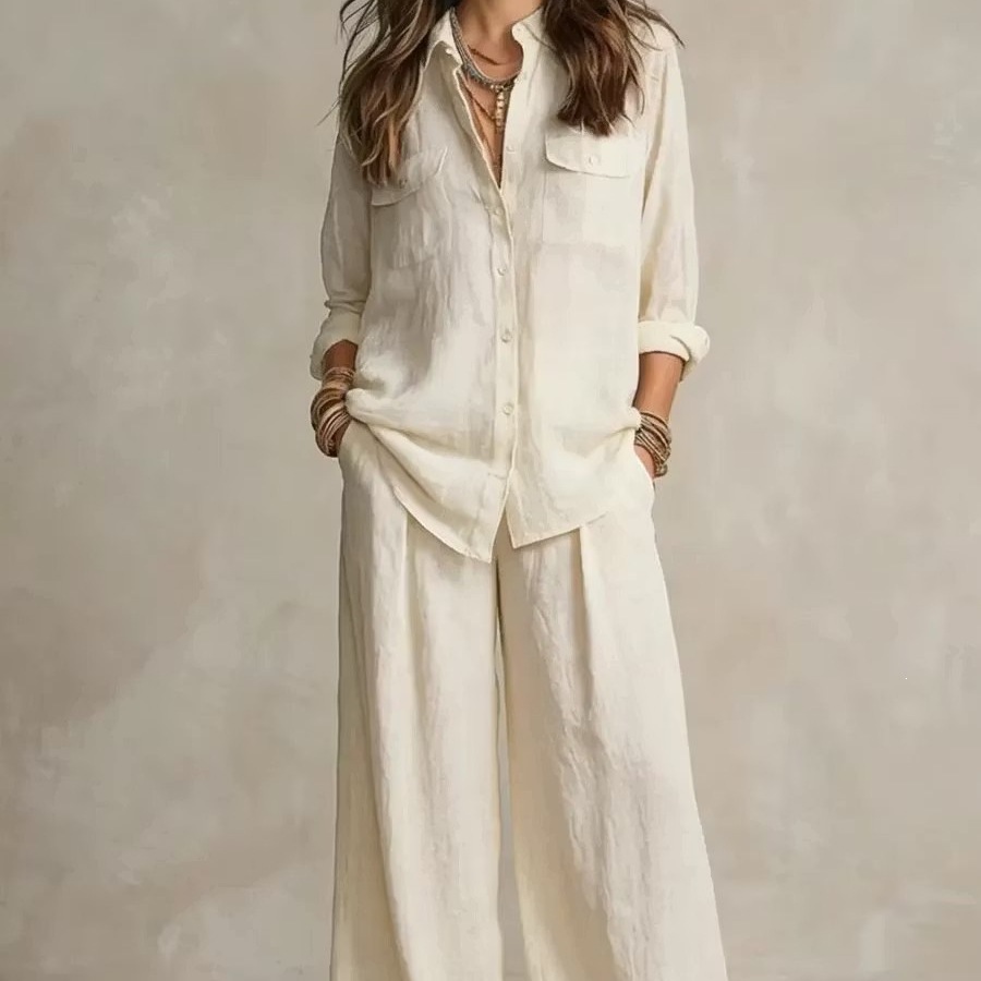 Linen Blend Long Sleeve Shirt and Wide Leg Pants Set