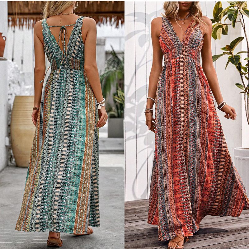 Women's Deep V-Neck Floral Print Sleeveless High-Waist Maxi Dress