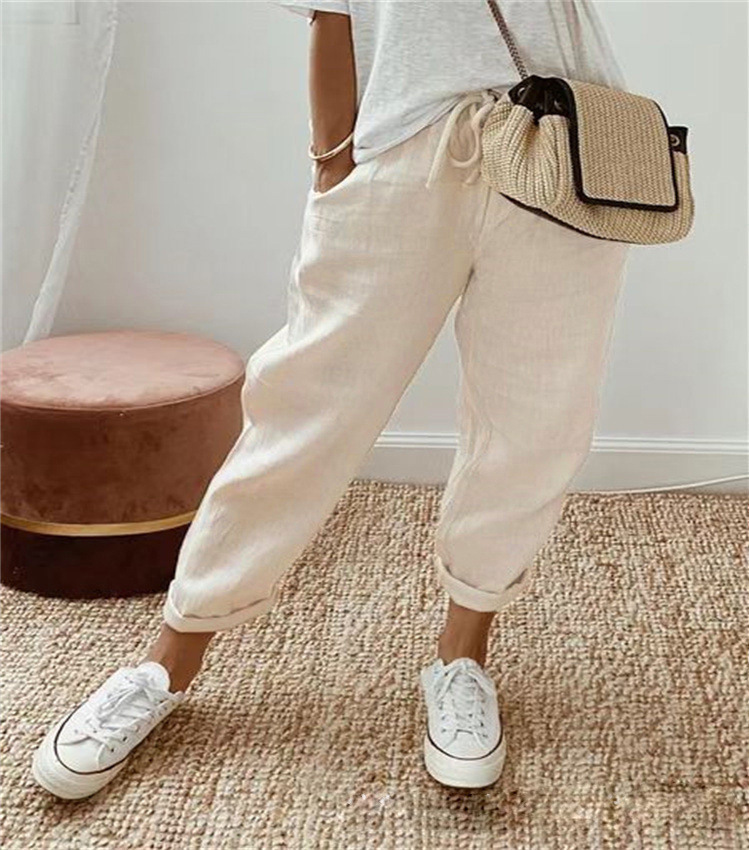 Women's Cotton-Linen Elastic Waist Casual Pants with Pockets