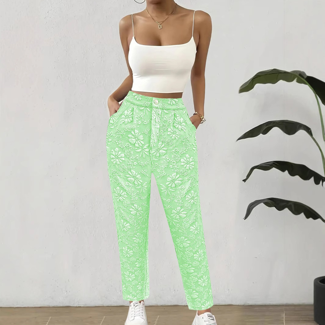 Floral Jacquard High-Waist Straight-Leg Pants with Pockets