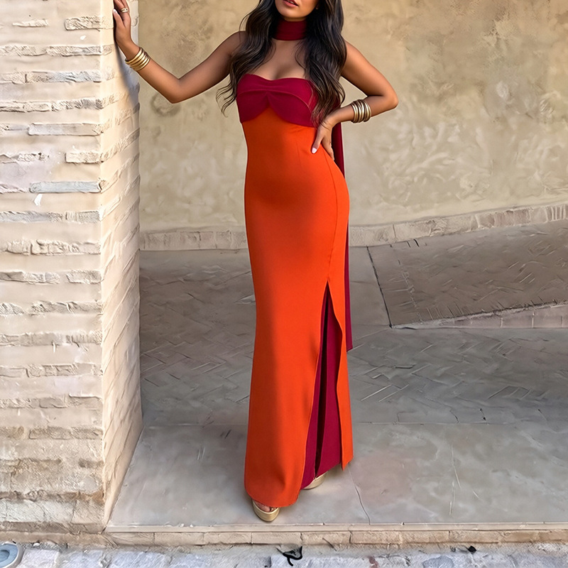 Elegant Ribbon Accent High-Slit Evening Dress with Spliced Design